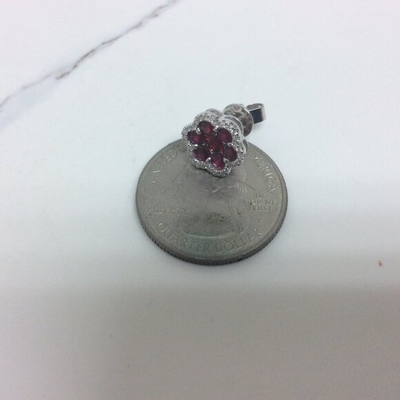 14k White Real Gold Natural Ruby Diamonds Flower cluster women Earrings - Picture 3 of 7